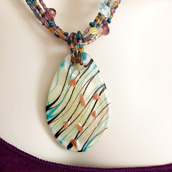 CJ Signed Multistrand Art Glass Necklace – Teardrop Pendant – Boho Statement - Picture 4 of 11